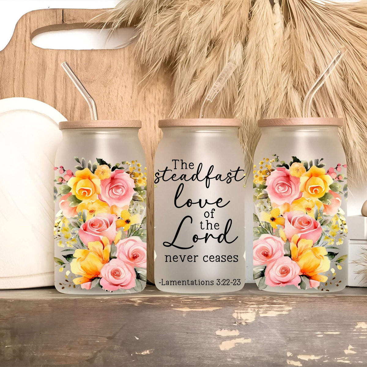 Floral Scripture Tumbler with Lid & Straw