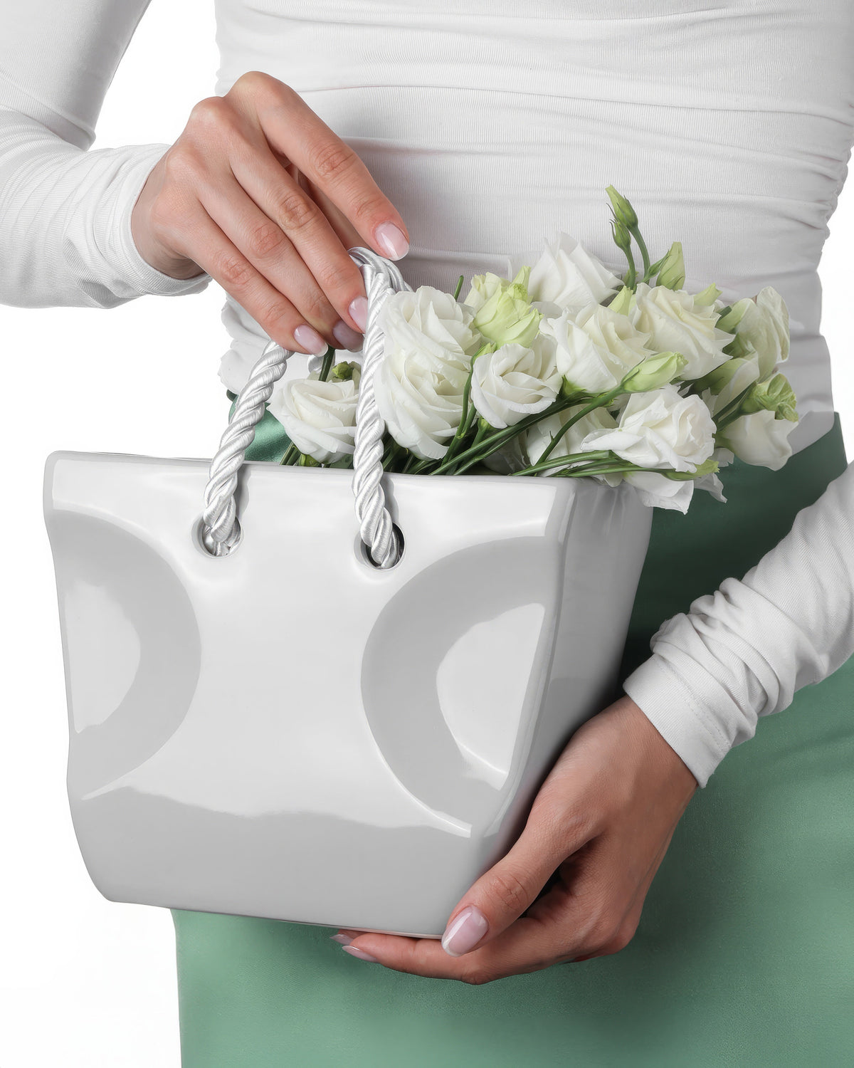 Ceramic Handbag Vase with Rope Handles — Gray Purse Vase