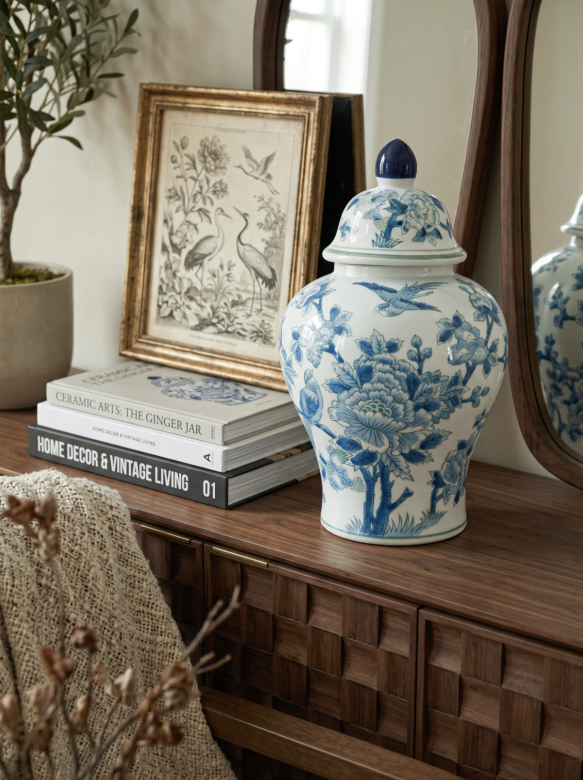 Porcelain Ginger Jar with Classic Blue and White Motif - 13" Tall