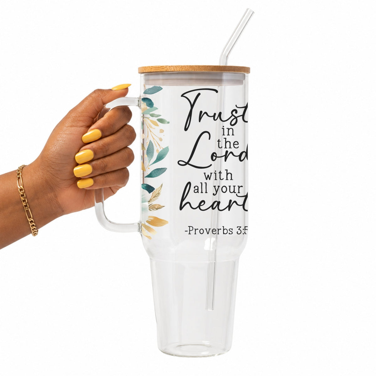 Floral Scripture Tumbler with Lid & Straw