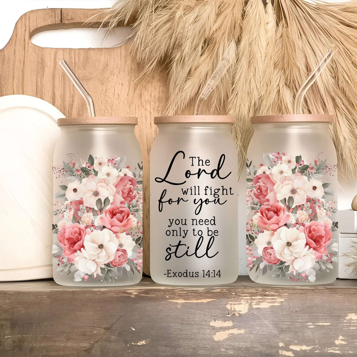 Floral Scripture Tumbler with Lid & Straw