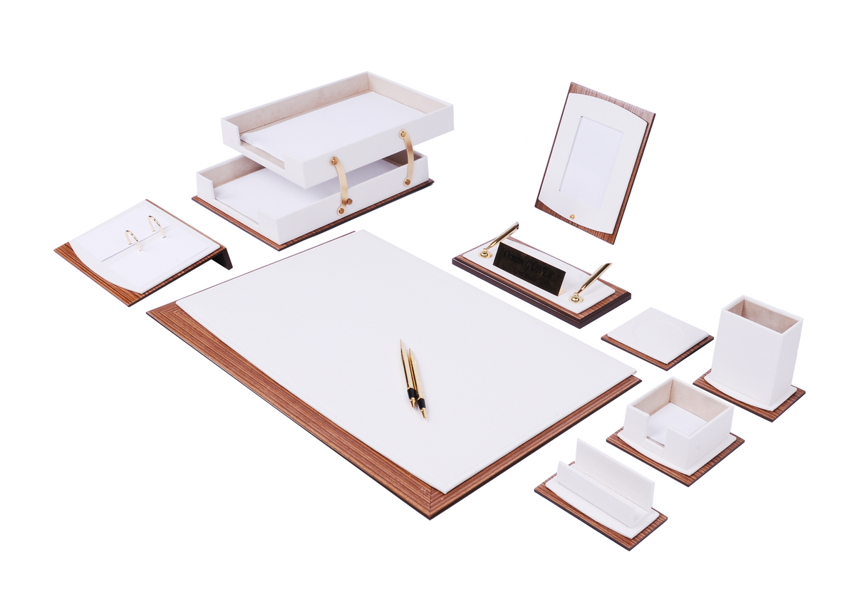 MOOG Star Leather Desk Set -Walnut Wood Combination -Double Document Tray - White-11 PCS