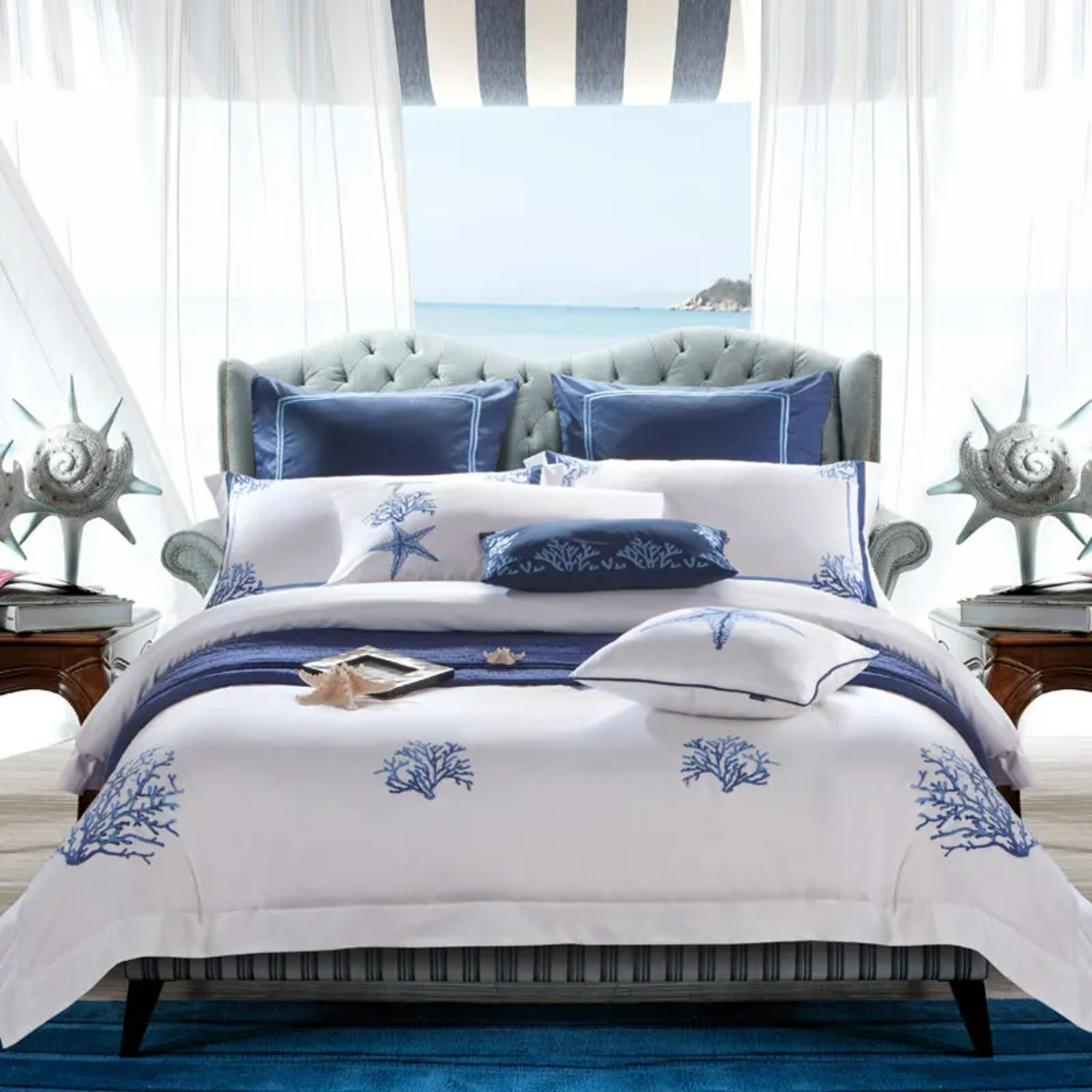 Blue Egyptian Cotton Embroidered Tribute Silk Bedding Set
