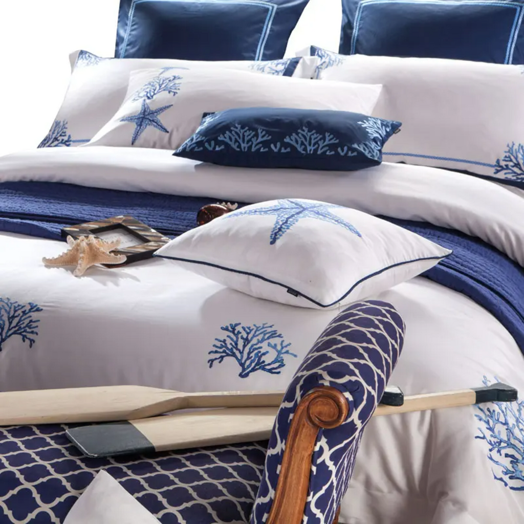 Blue Egyptian Cotton Embroidered Tribute Silk Bedding Set