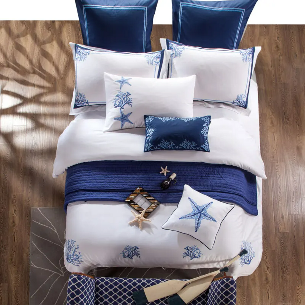 Blue Egyptian Cotton Embroidered Tribute Silk Bedding Set