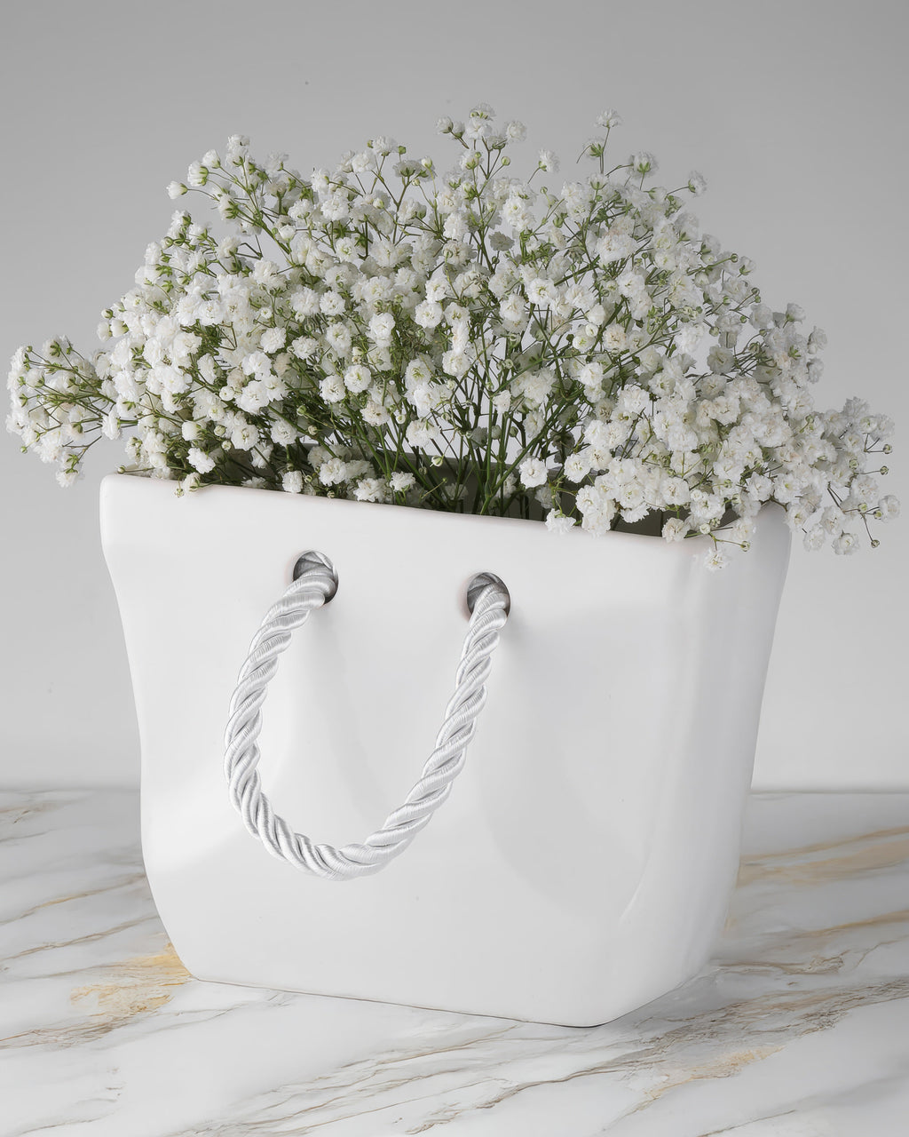 Ceramic Handbag Vase with Rope Handles — White Purse Vase