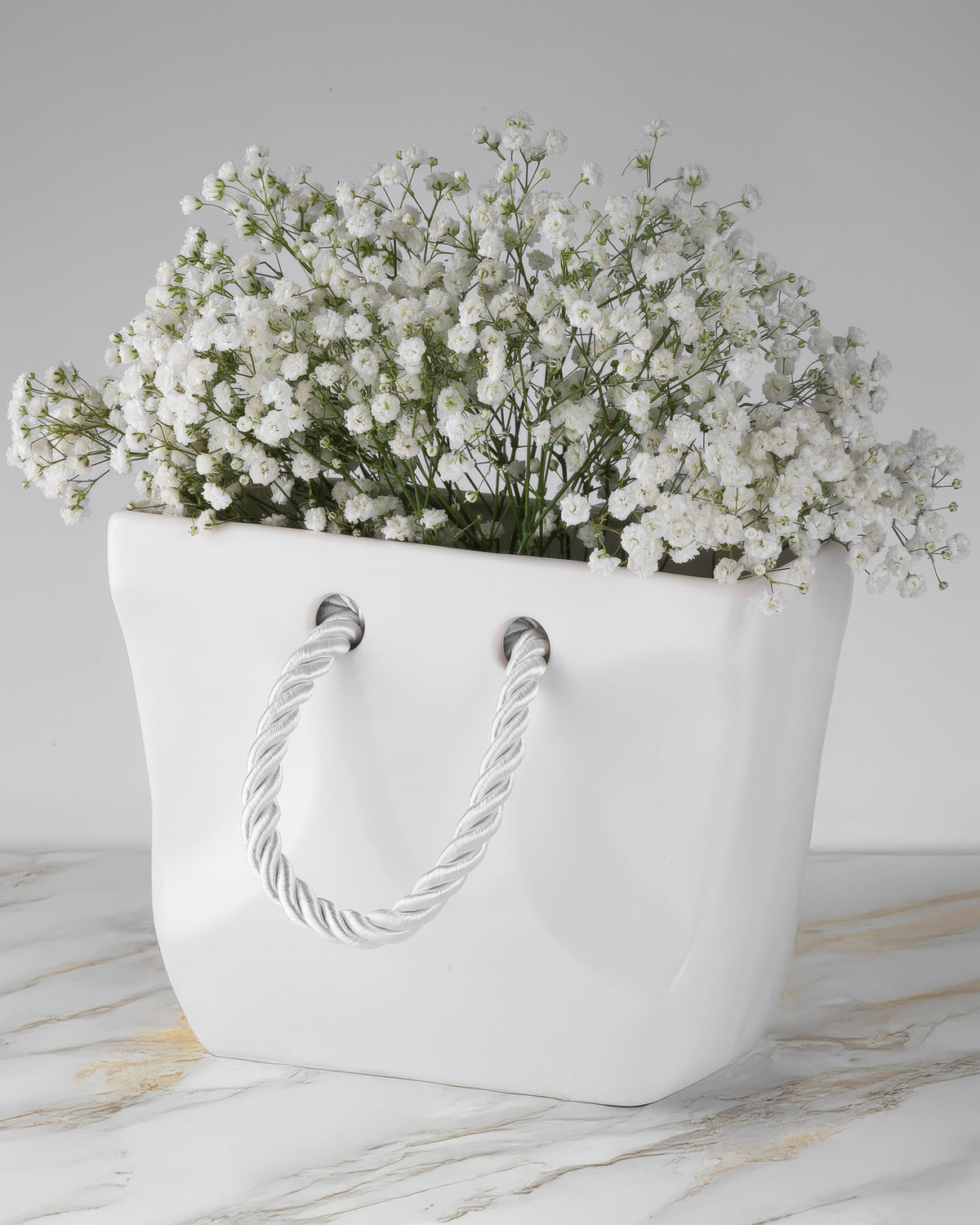 Ceramic Handbag Vase with Rope Handles — White Purse Vase