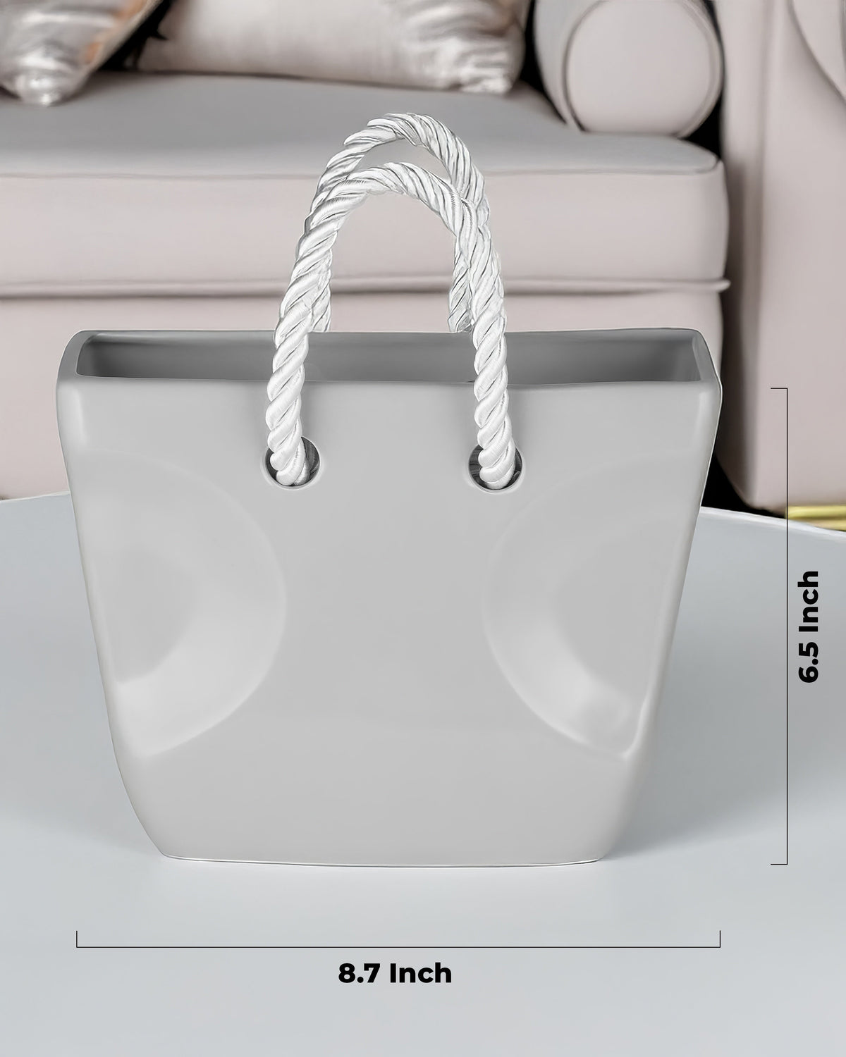 Ceramic Handbag Vase with Rope Handles — Gray Purse Vase