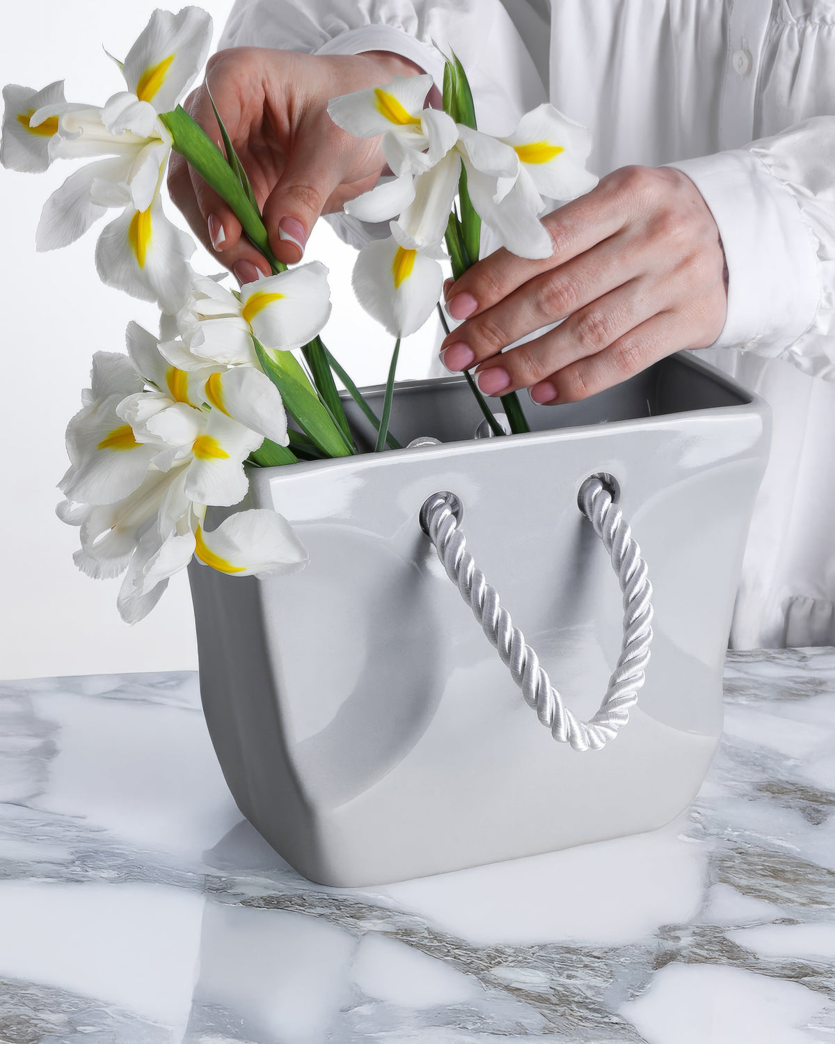 Ceramic Handbag Vase with Rope Handles — Gray Purse Vase