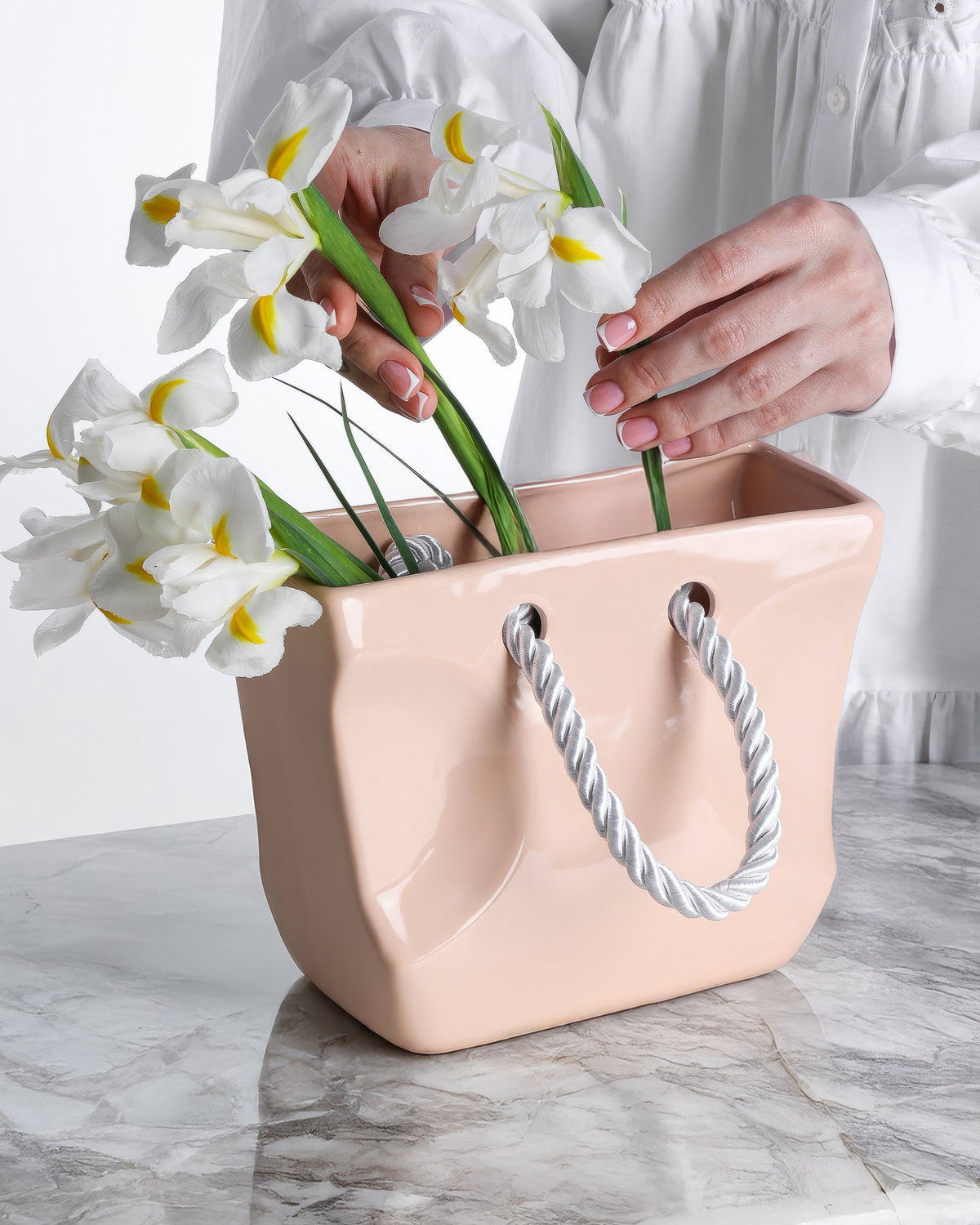Ceramic Handbag Vase with Rope Handles — Beige Purse Vase