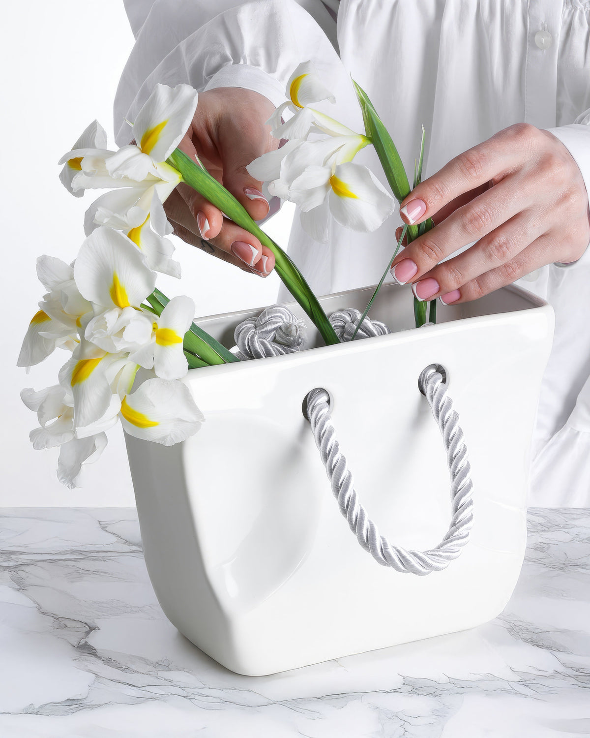 Ceramic Handbag Vase with Rope Handles — White Purse Vase