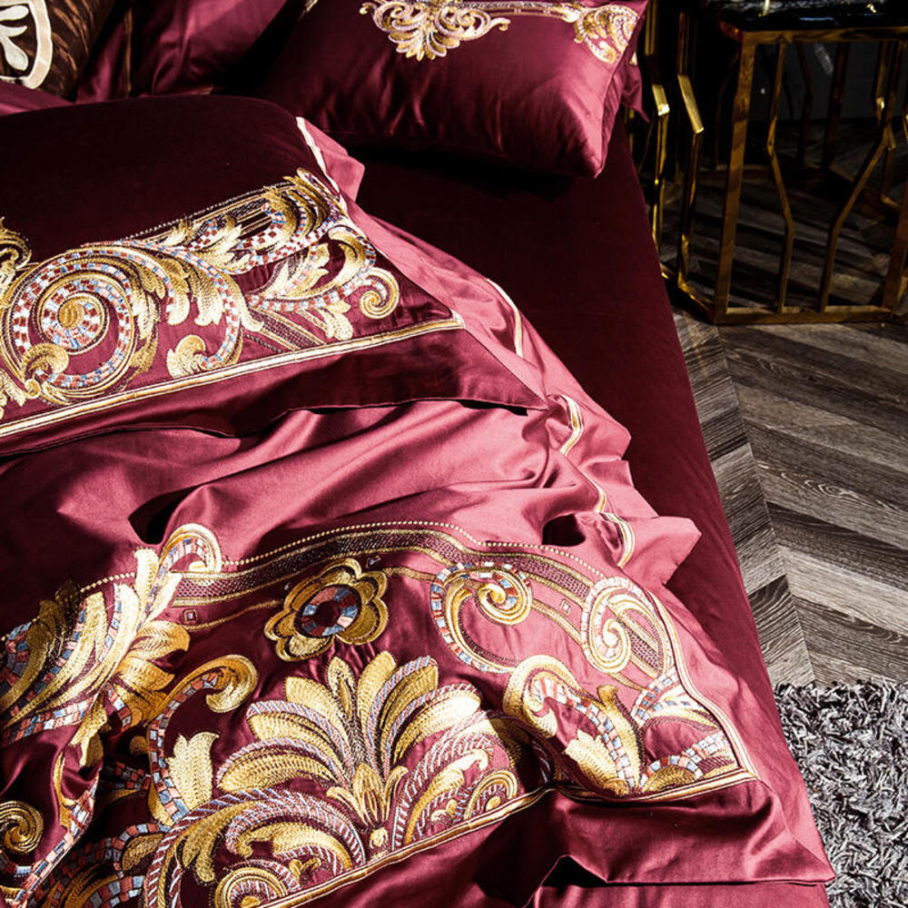 Lezkira Burgundy Red Embroidery Luxury Egyptian Cotton Duvet Cover