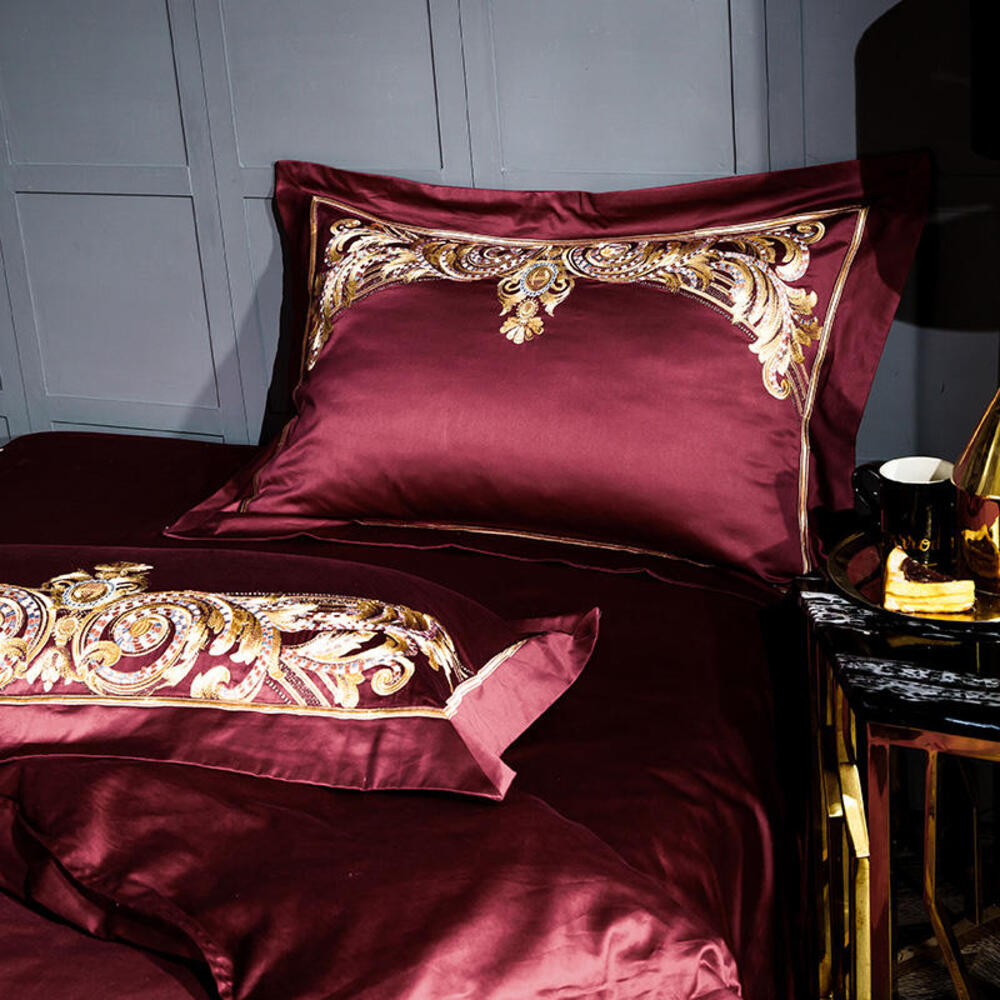 Lezkira Burgundy Red Embroidery Luxury Egyptian Cotton Duvet Cover