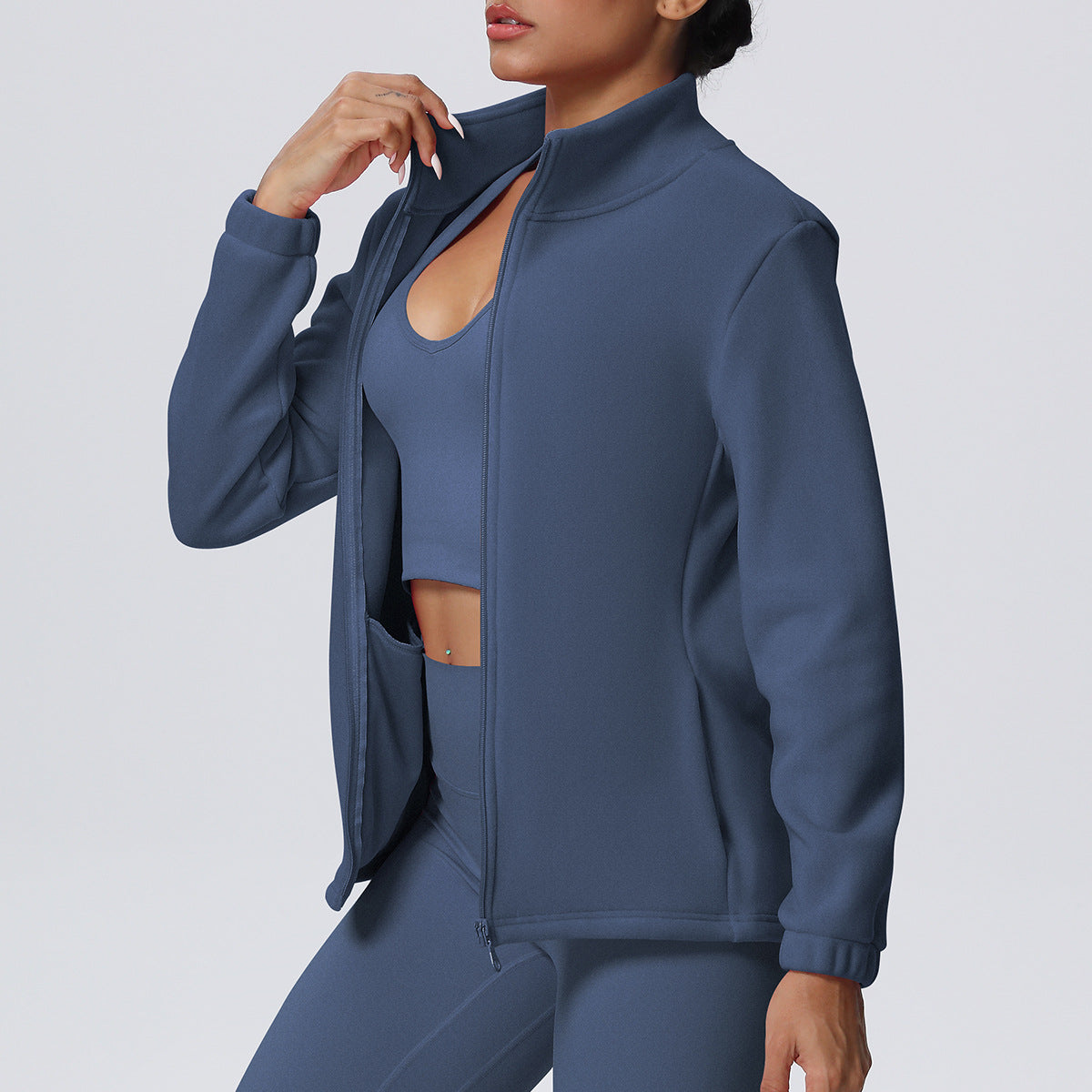 High Collar Warm Fleece Lined Zipped Sports Coat Loose Yoga Clothes Casual All Matching Women