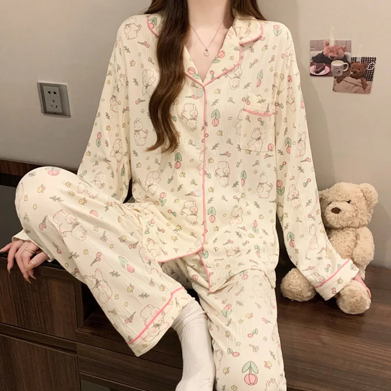 Spring and Autumn New Women's Pajamas Loungewear Set Girl Love Cardigan Pajamas Crinkled Fabric Loungewear Long Sleeve Set