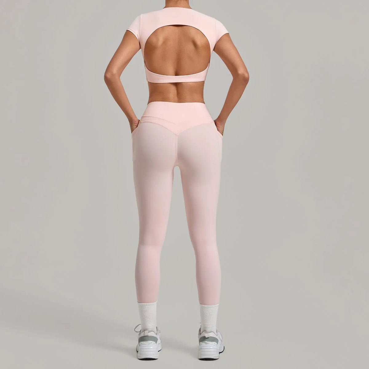 Yoga Set Women's Tracksuit Short Sleeve Back Hollow Out Sports Top Athletic Wear Tight High Waist Pocket Leggings Fitness Suits