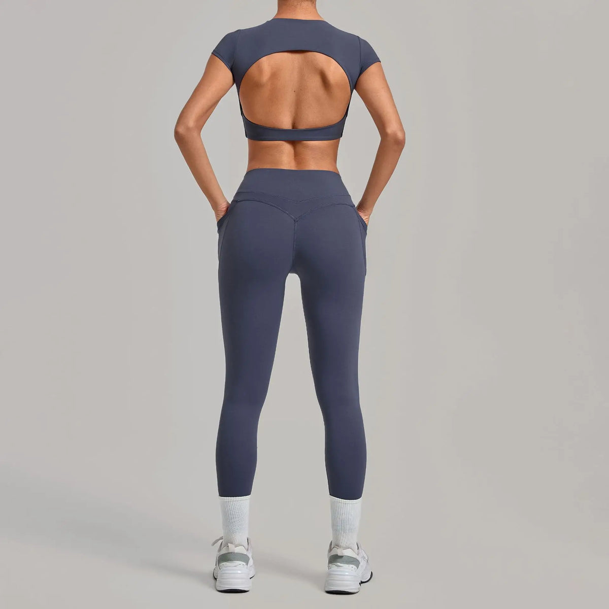 Yoga Set Women's Tracksuit Short Sleeve Back Hollow Out Sports Top Athletic Wear Tight High Waist Pocket Leggings Fitness Suits