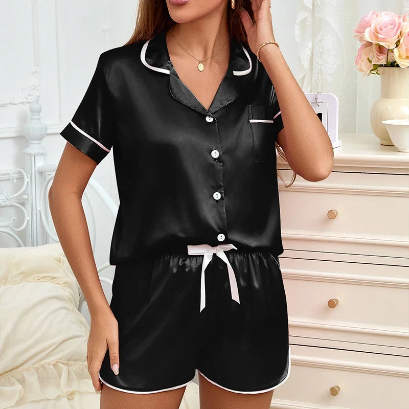 Women's Pajamas Lounge Set Heart Embroidered Pocket Patched Sleepwear Button Down Short Sleeve Top & Shorts Pyjama Home Clothing