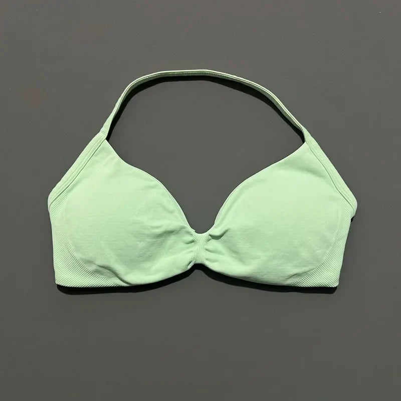 HISTELLO Impact Strappy Bra Gym Top Women High Support Thin Strap Halter Sports Seamless Bras Scrunch Push-up Workout Yoga Tanks
