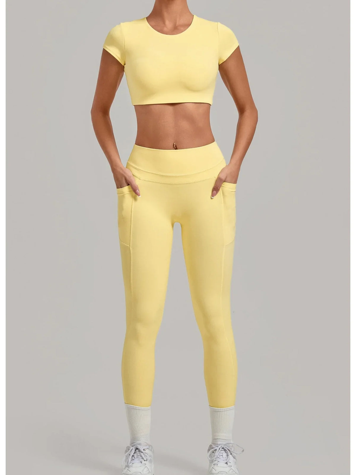 Yoga Set Women's Tracksuit Short Sleeve Back Hollow Out Sports Top Athletic Wear Tight High Waist Pocket Leggings Fitness Suits