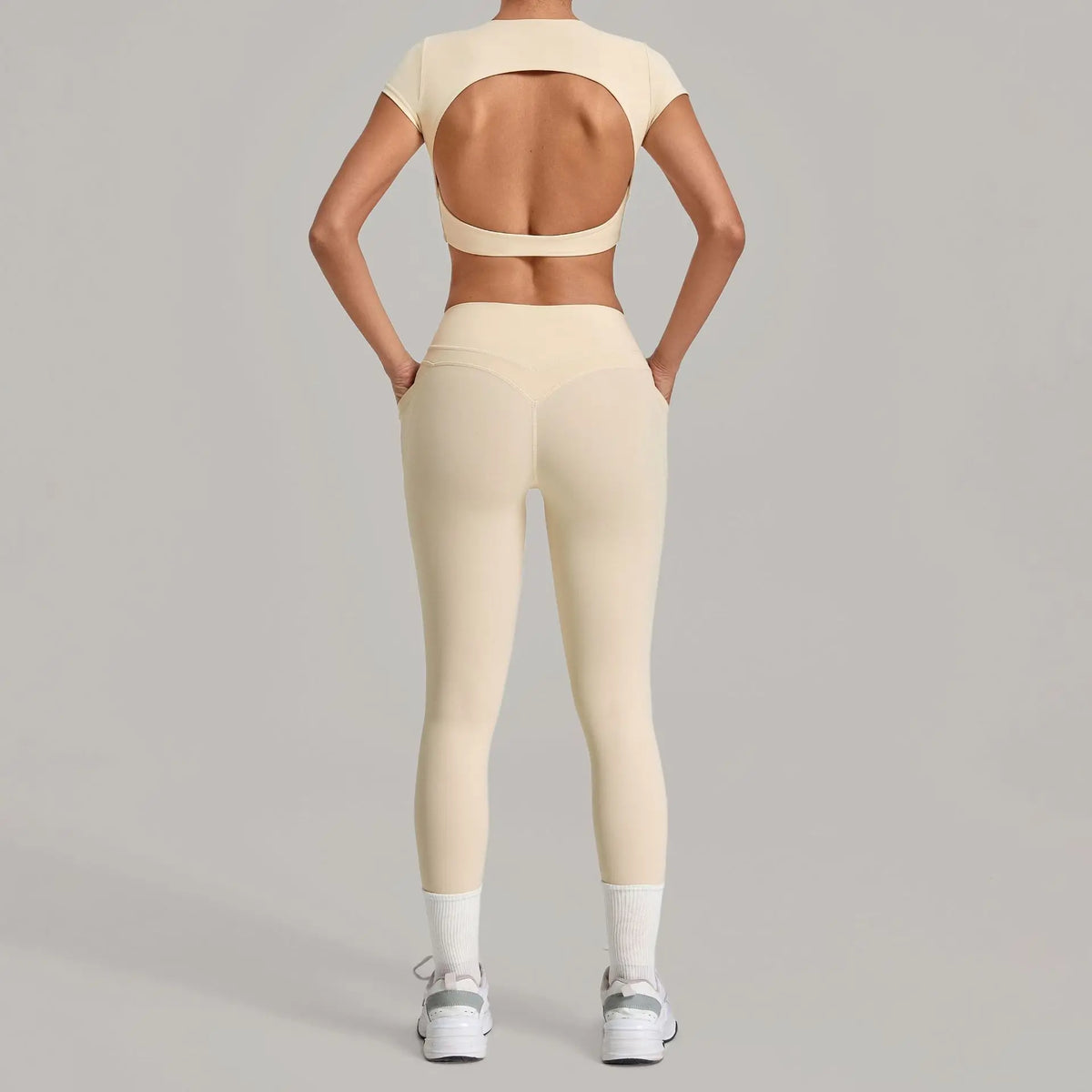 Yoga Set Women's Tracksuit Short Sleeve Back Hollow Out Sports Top Athletic Wear Tight High Waist Pocket Leggings Fitness Suits