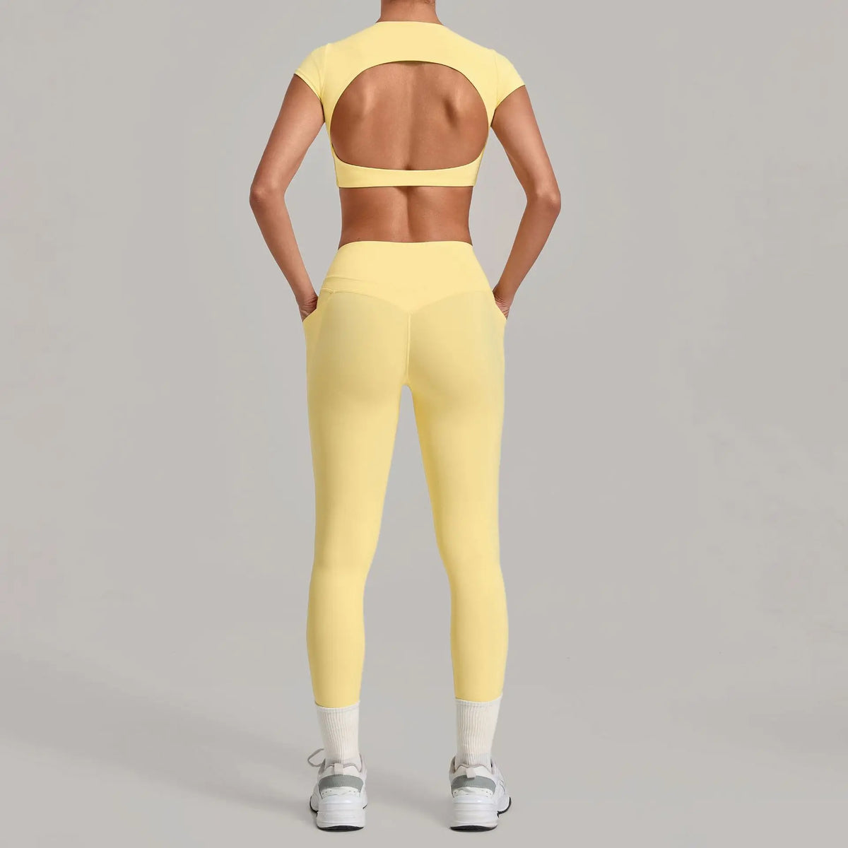 Yoga Set Women's Tracksuit Short Sleeve Back Hollow Out Sports Top Athletic Wear Tight High Waist Pocket Leggings Fitness Suits
