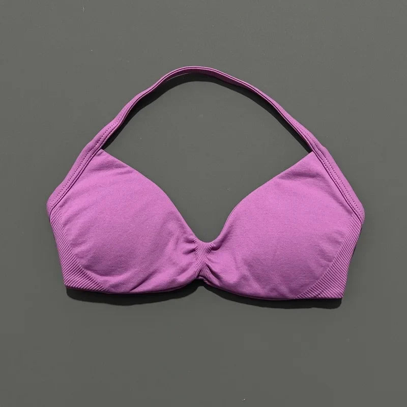 HISTELLO Impact Strappy Bra Gym Top Women High Support Thin Strap Halter Sports Seamless Bras Scrunch Push-up Workout Yoga Tanks
