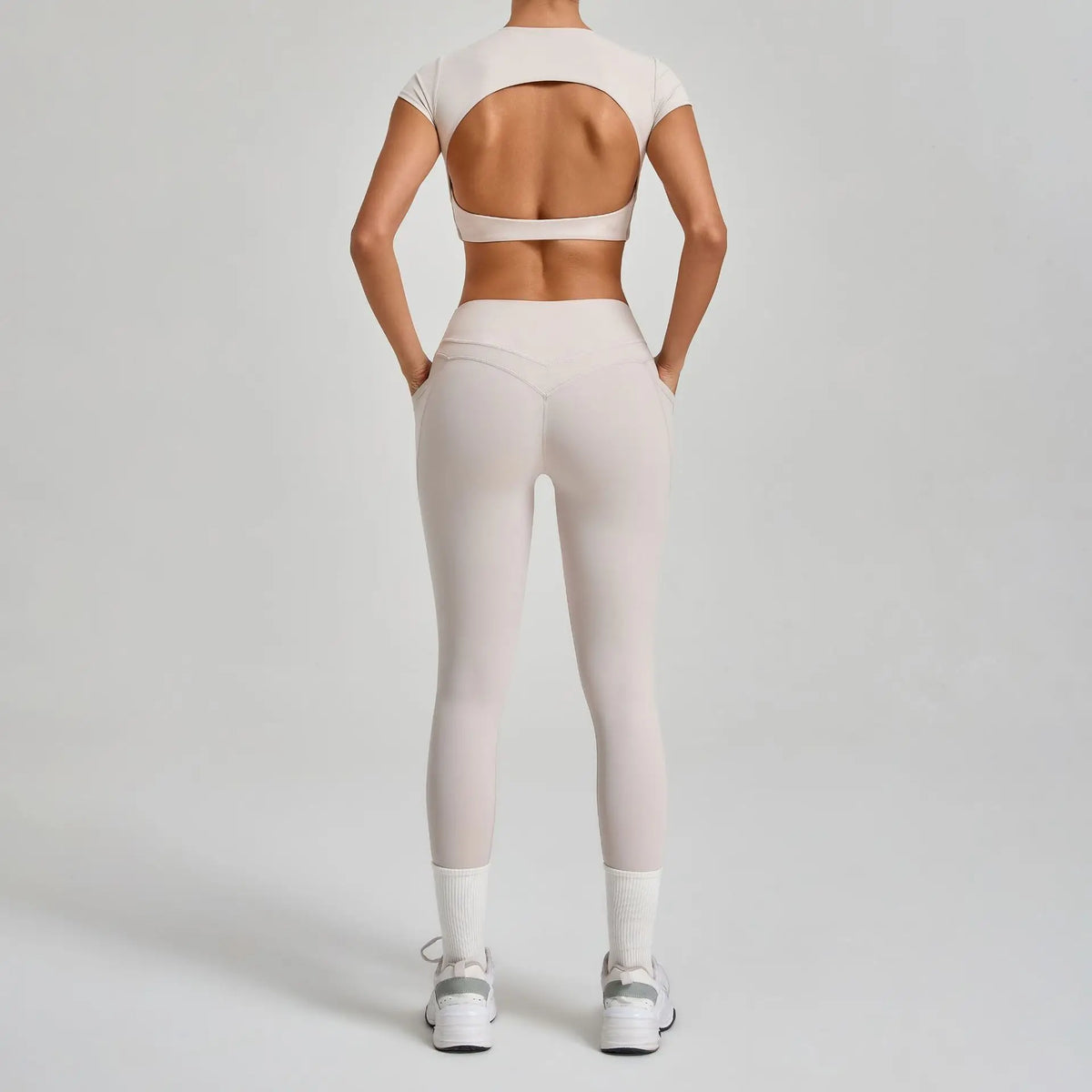 Yoga Set Women's Tracksuit Short Sleeve Back Hollow Out Sports Top Athletic Wear Tight High Waist Pocket Leggings Fitness Suits