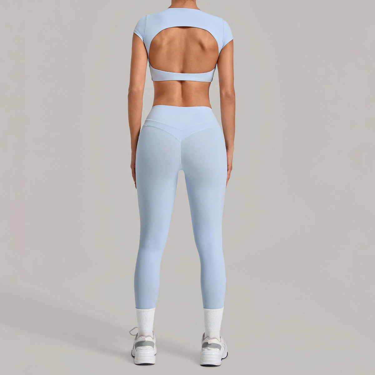 Yoga Set Women's Tracksuit Short Sleeve Back Hollow Out Sports Top Athletic Wear Tight High Waist Pocket Leggings Fitness Suits