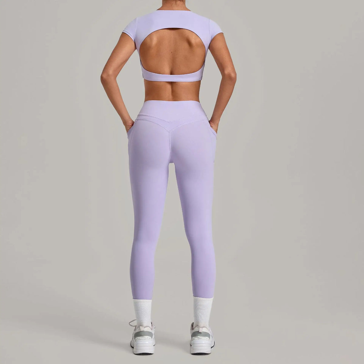 Yoga Set Women's Tracksuit Short Sleeve Back Hollow Out Sports Top Athletic Wear Tight High Waist Pocket Leggings Fitness Suits