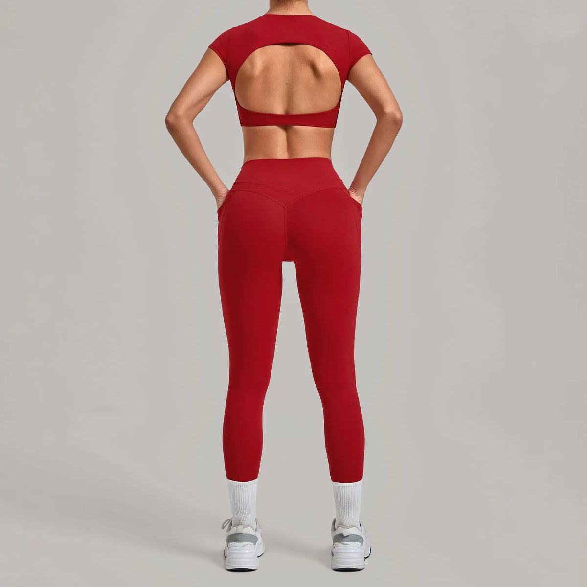 Yoga Set Women's Tracksuit Short Sleeve Back Hollow Out Sports Top Athletic Wear Tight High Waist Pocket Leggings Fitness Suits