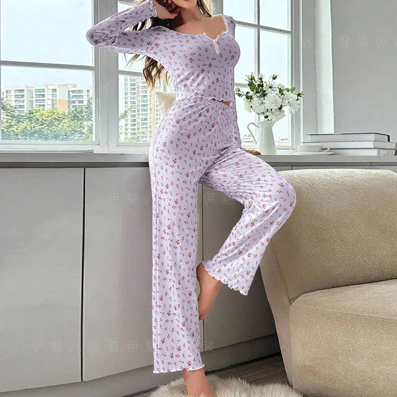 New Women Soft Comfortable sexy Floral Print Pajama Set Long Sleeve Top and Pants Loungewear Sleepwear Two Piece Set Homewear