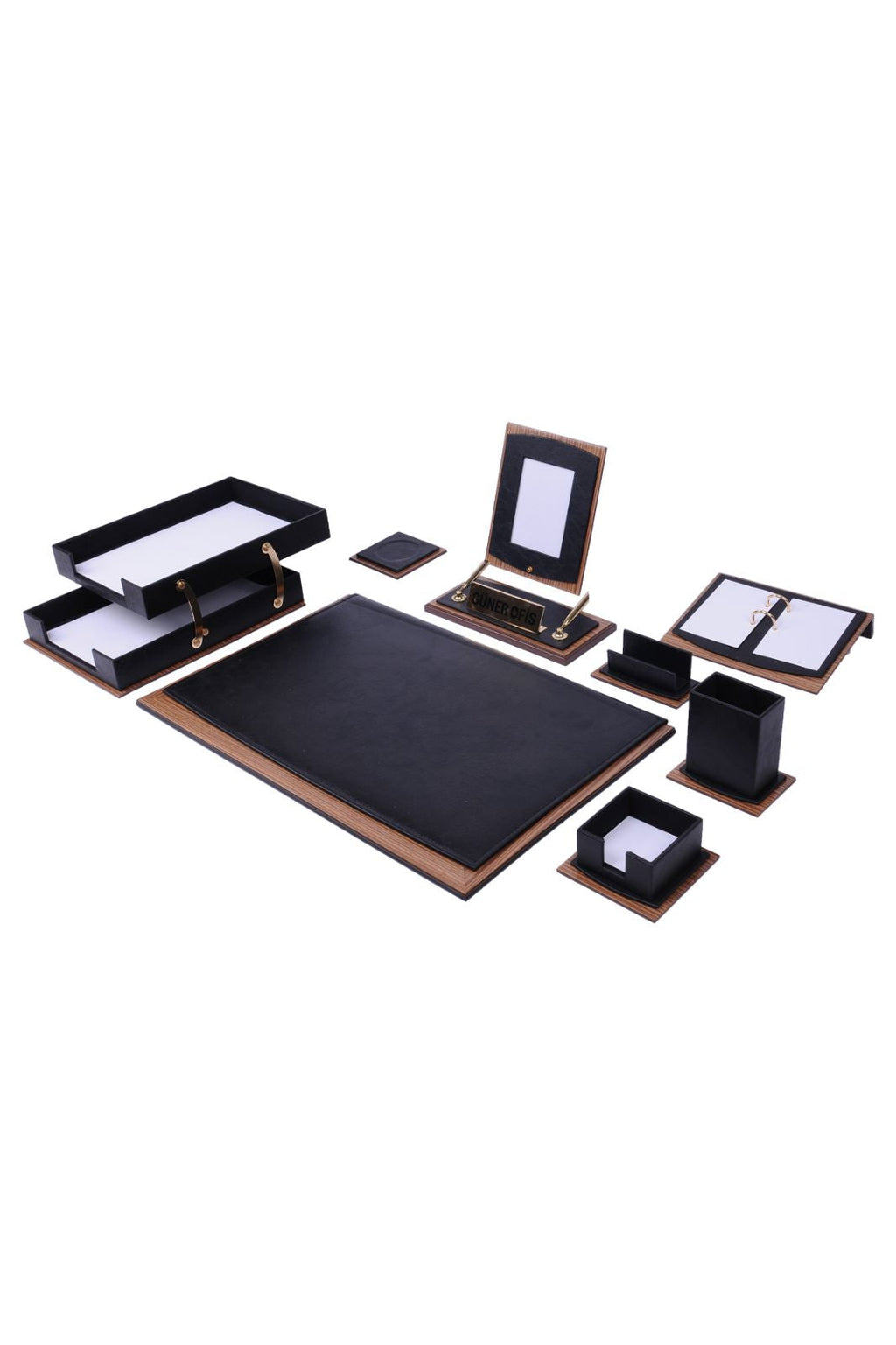 MOOG Star Leather Desk Set -Walnut Wood Combination -Double Document Tray - White-11 PCS