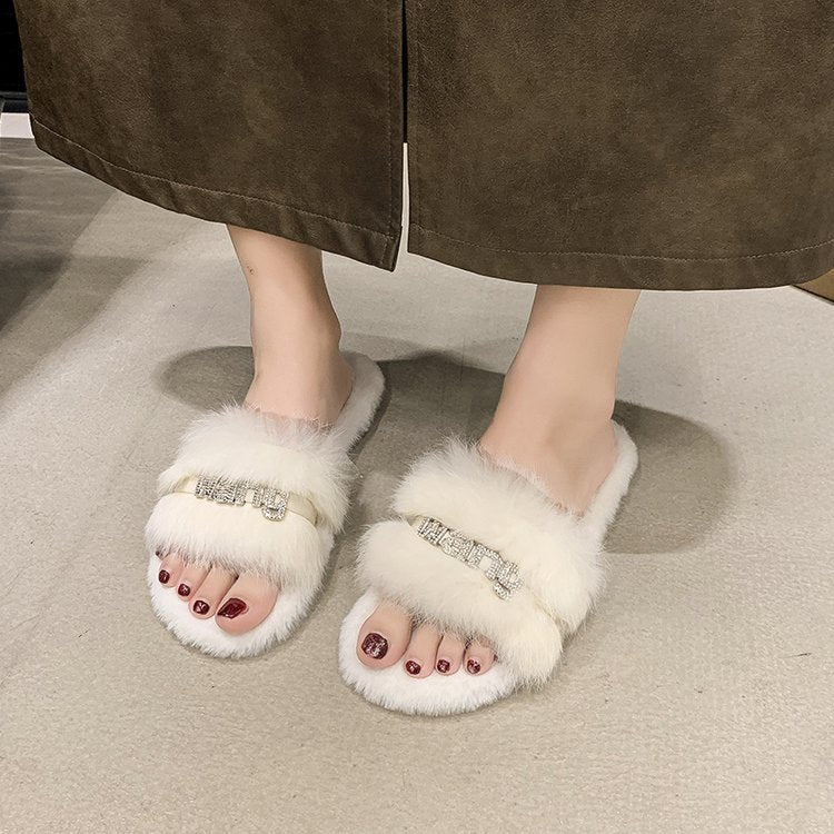 Women’s Letter-Embroidered Fleece Slides