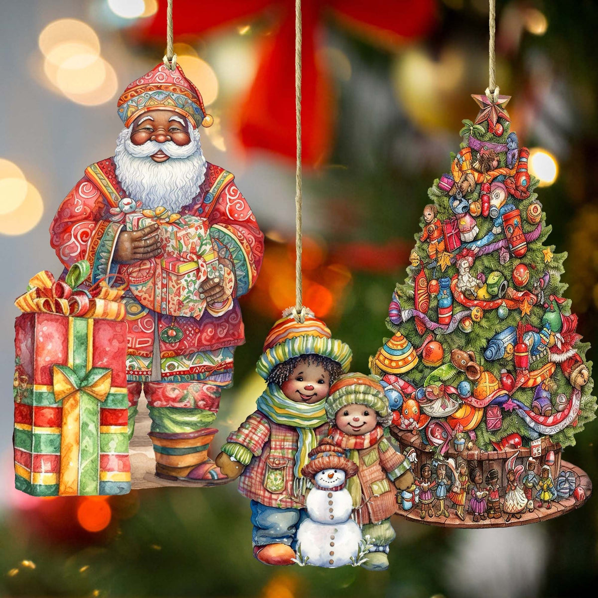 Santas Around the World - African-American Inspired Santa - Eco Wood Ornaments Set of 3 by G. DeBrekht Christmas Santa Snowman Decor - 8091310S3