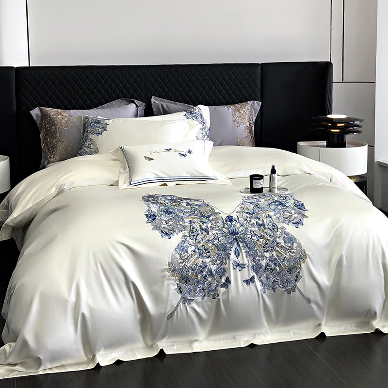 White Egyptian Cotton Butterfly Embroidery Bedding Set