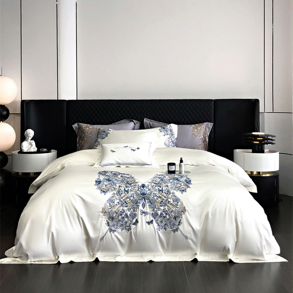White Egyptian Cotton Butterfly Embroidery Bedding Set