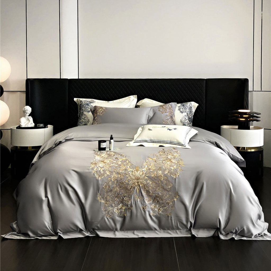 White Egyptian Cotton Butterfly Embroidery Bedding Set