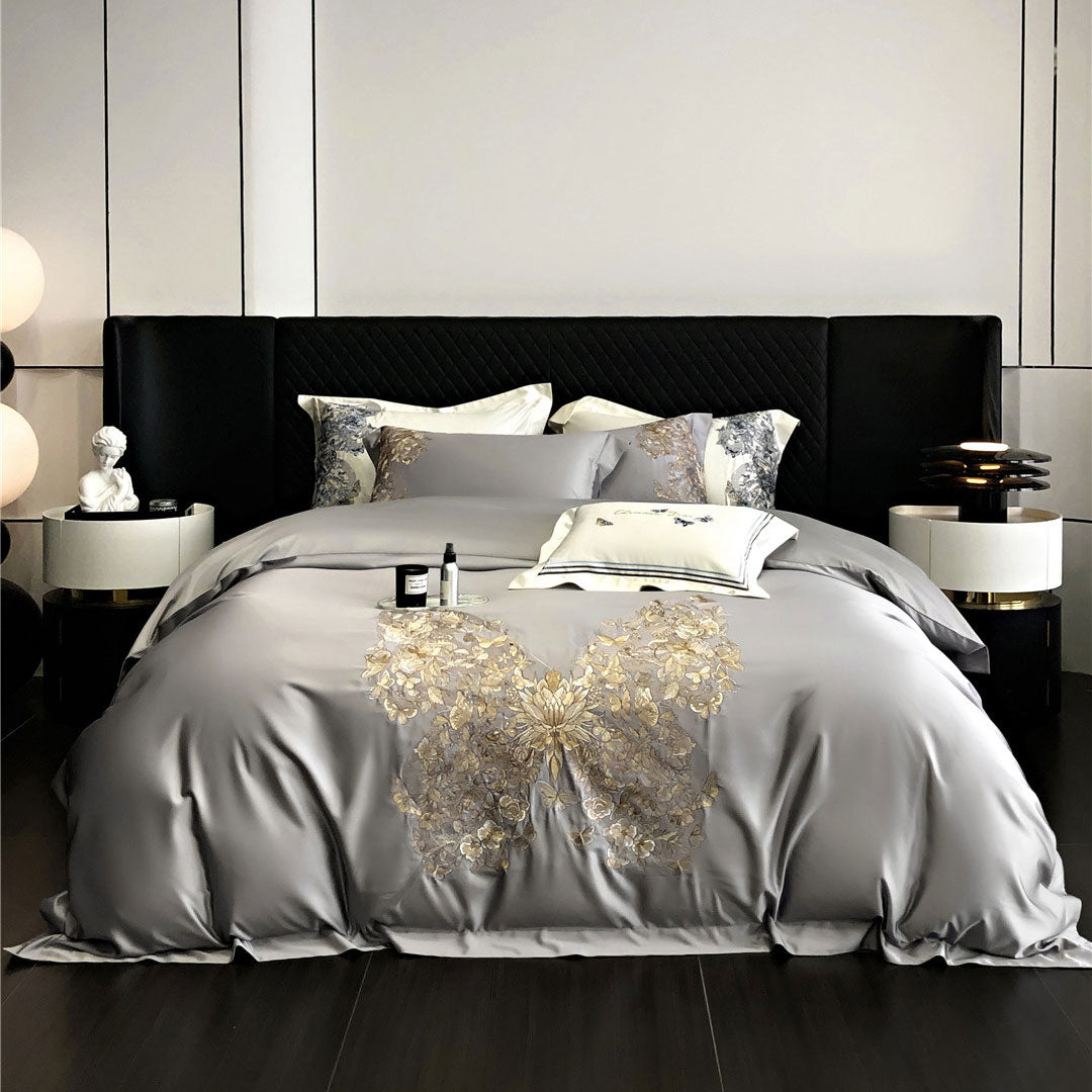 White Egyptian Cotton Butterfly Embroidery Bedding Set