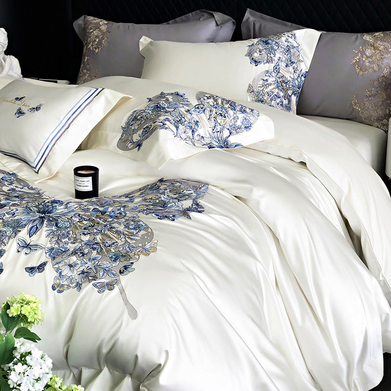 White Egyptian Cotton Butterfly Embroidery Bedding Set