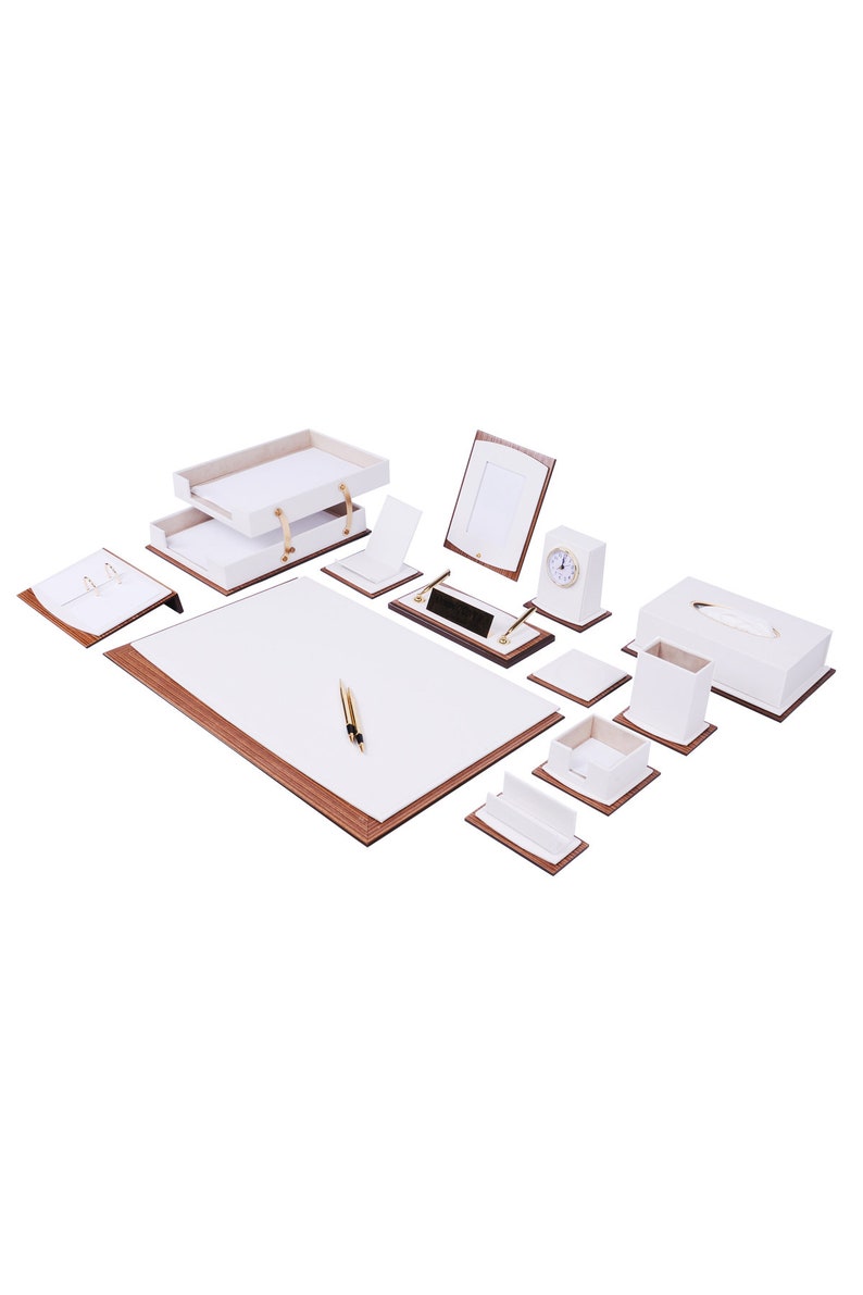 MOOG Star Lux Leather Desk Set -Walnut Wood Combination - Green -14 PCS