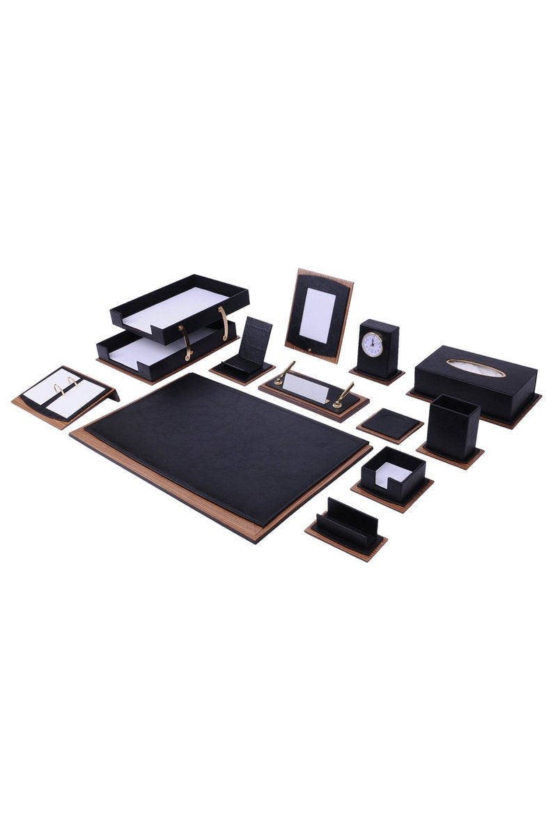 MOOG Star Lux Leather Desk Set -Walnut Wood Combination - Green -14 PCS