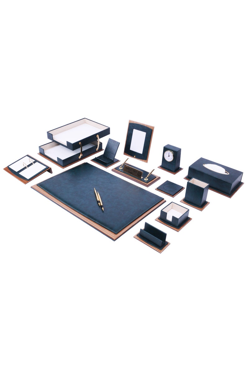 MOOG Star Lux Leather Desk Set -Walnut Wood Combination - Green -14 PCS